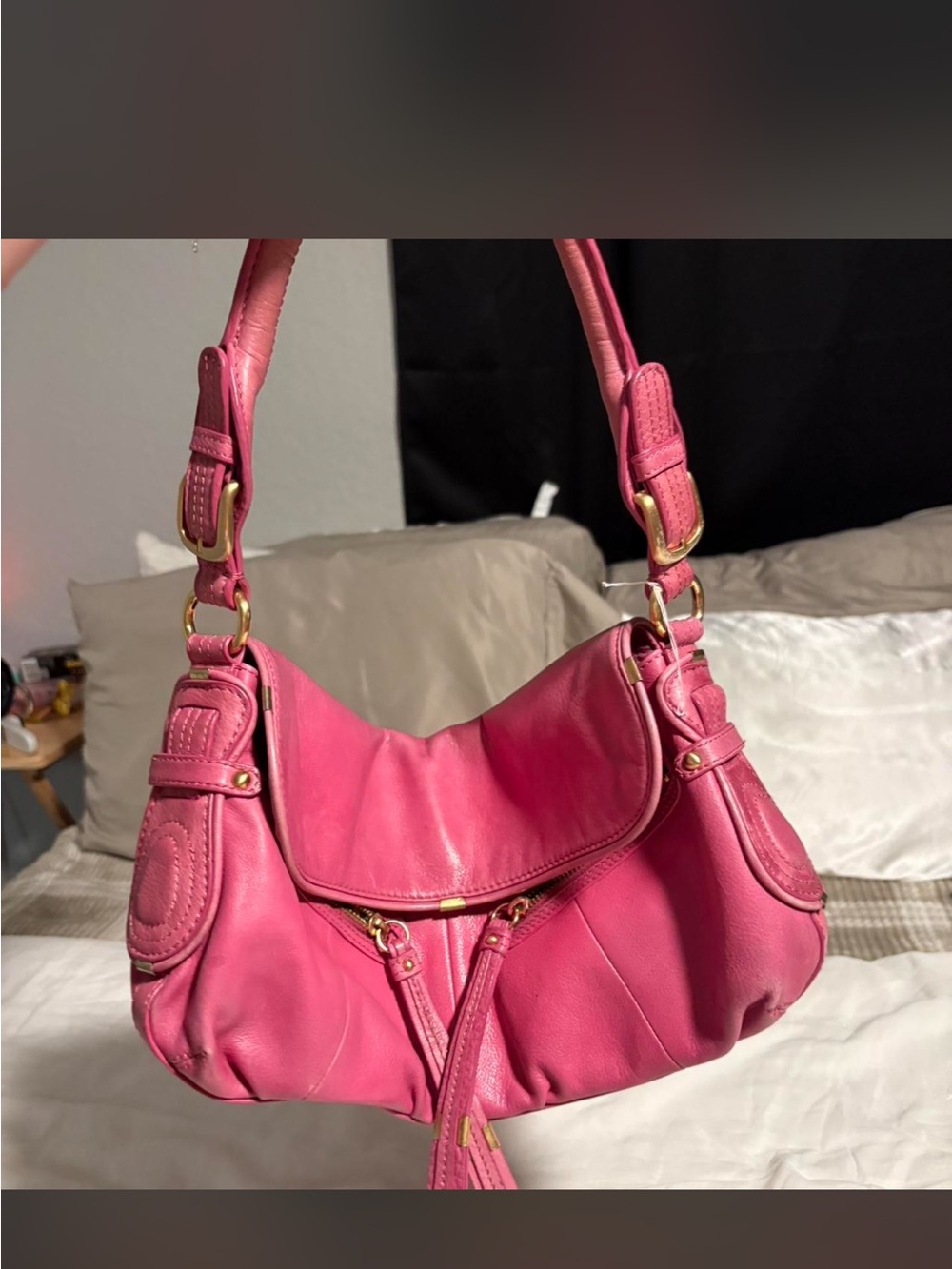 Hot Pink Leather Shoulder Bag with Gold Hardware